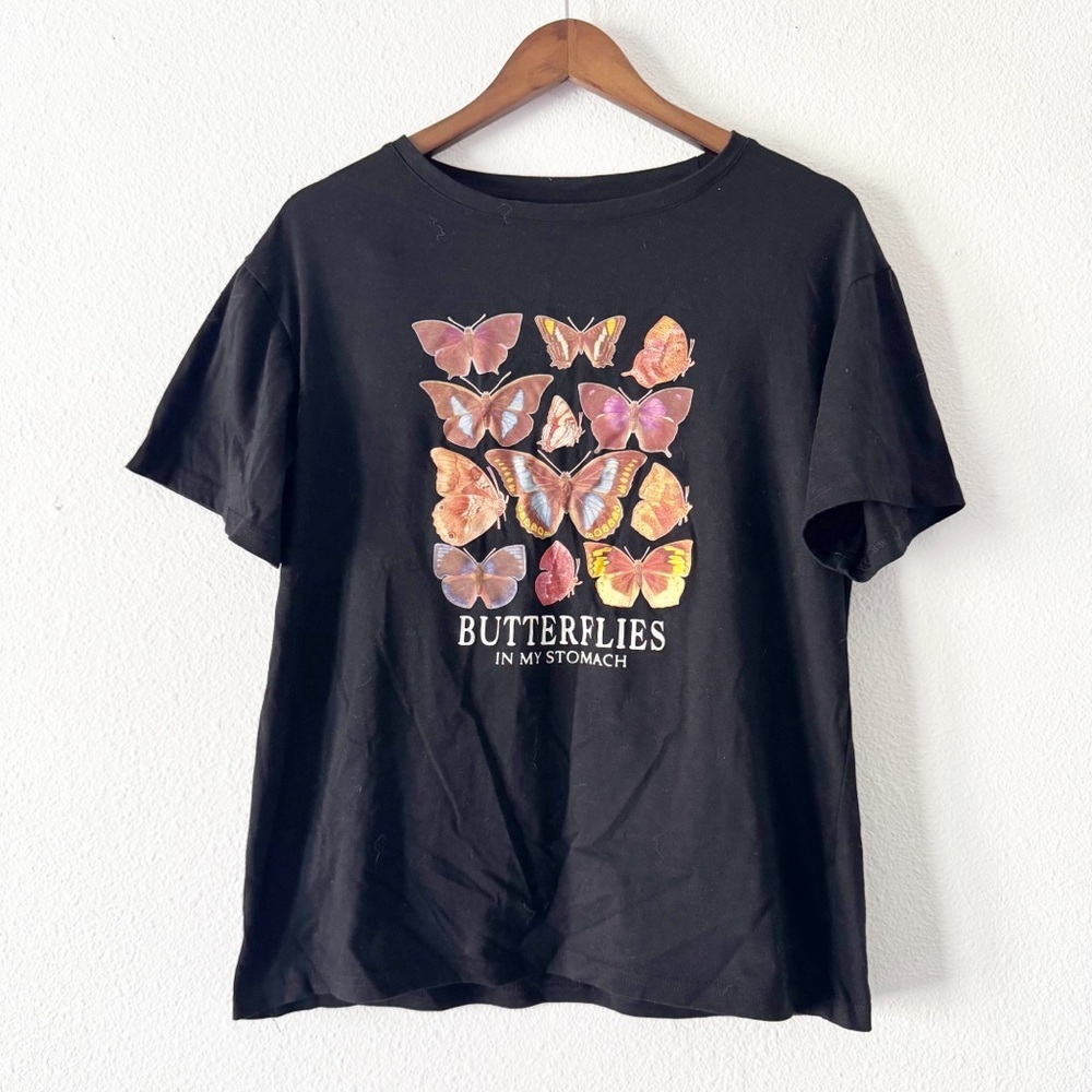 Black Butterfly Graphic Tee Butterflies in My Stomach Large Whimsy Y2K Vibe Boho